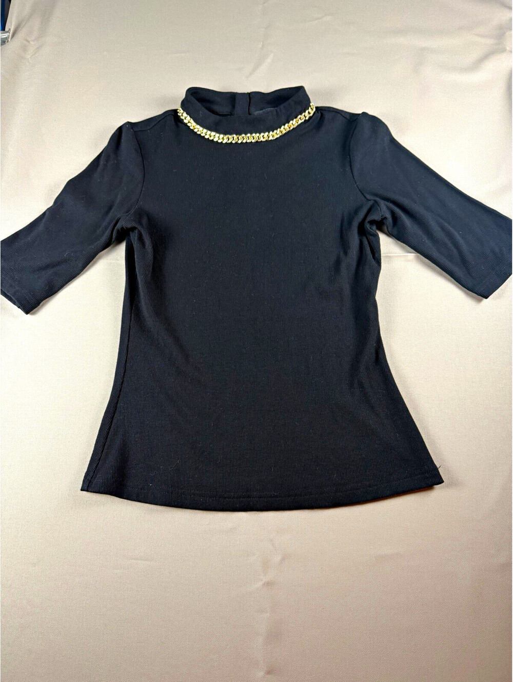 Generation Love Black Ribbed Top Womens XS Gold Chain Mock Neck 3/4 Sleeve